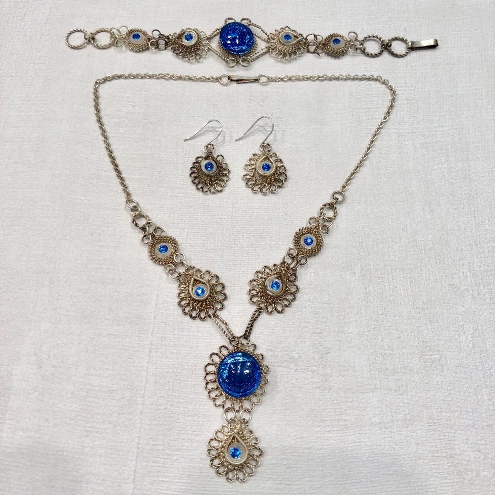 Antique filigree silver necklace earrings bracelet